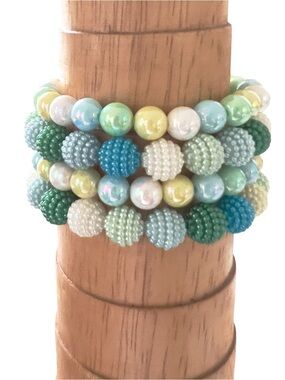 Green Blue Beaded Bracelet Stack Set Stretch Stackable